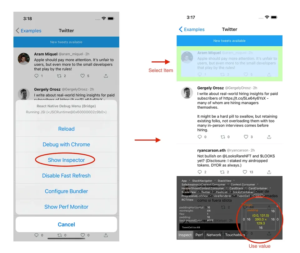 Menggunakan Element Inspector React Native untuk mengukur item